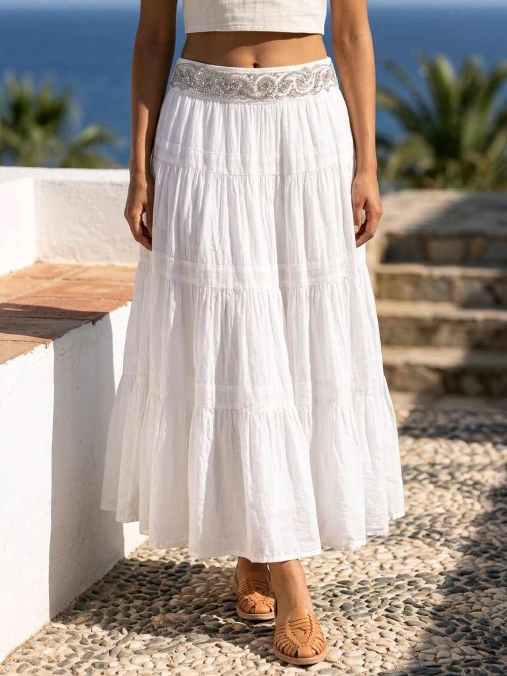 BCBGMaxAzria White Tiered Maxi Skirt with Beaded Waistband